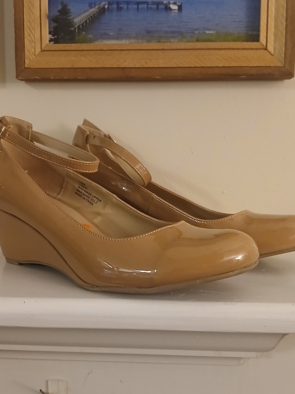 me too Patent Tan Wedge Pumps with Ankle Strap